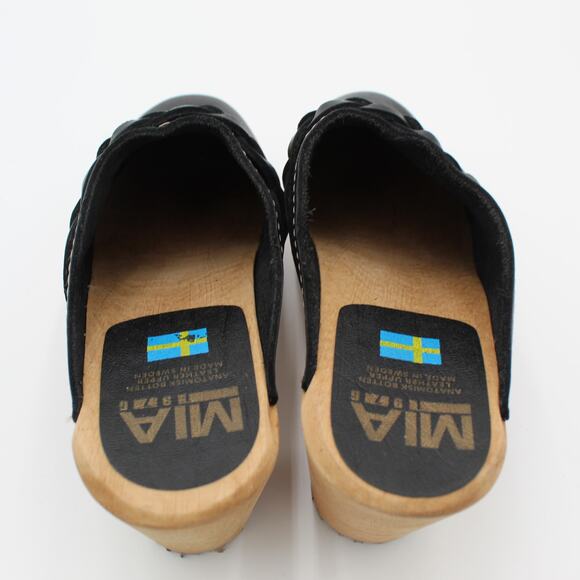 MIA Swedish Clogs 37 Womens 7 Black Leather Braided Wooden Heel Comfort Shoe - Picture 5 of 9